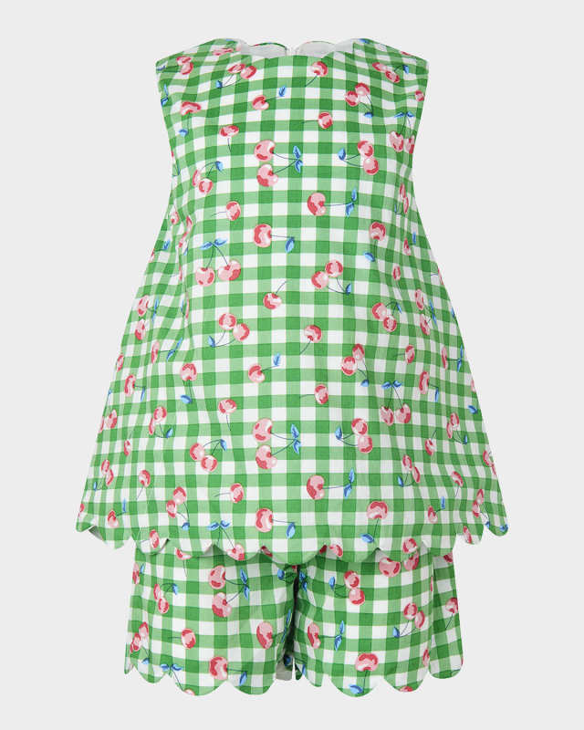 Girl's Gingham Cherry-Print Scalloped Top & Short Set, Size 2-10